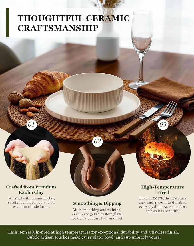 OTAGO 24-Piece Dinnerware Set for 6 with Mugs, Ribbed Stoneware Plates and Bowls Sets, Unique Handcrafted Reactive Glaze, Chip and Scratch Resistant Dish Set, Microwave & Dishwasher Safe, White
