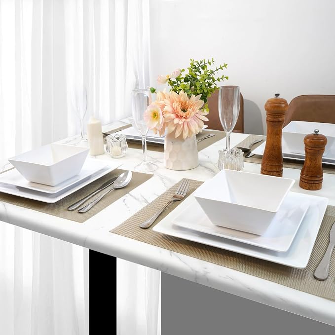 TP 12-Piece Melamine Dinnerware Sets, Plates and Bowls Dishes Set for 4, Break-Resistant & Non-Microwavable, Lightweight Square Dinner Plates, White