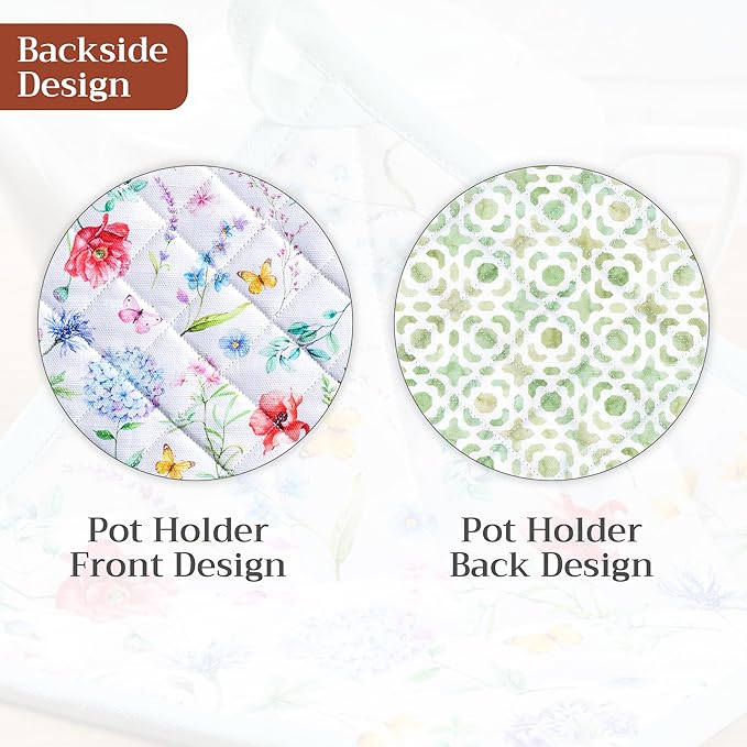 Maison d' Hermine Pot Holders 100% Cotton Heat Resistant Potholders 8" x 8" Hot Pads with Loop BBQ Cooking Baking Gifts for Mothers Day Handling Hot Pans Spring/Summer (Pack of 2, Just Floral)