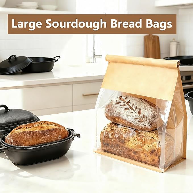 100 Pack Extra Large Paper Bread Bags for Homemade Bread Sourdough Bags, 13.7x10.6x5.5 Inches Resealable Tin Tie Tab Lock Bakery Loaf Bag with Window, Baked Goods Packaging for Gifting and Bake Sale
