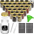 CycleMore 30 Pack 4oz Glass Mason Spice Jars, Round Spice Containers with Gold Metal Caps and Pour/Sift Shaker Lids-80pcs Labels,1pcs Silicone Collapsible Funnel,1Brush and Pen Included
