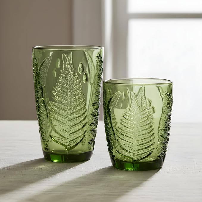 Green Drinking Glasses Mixed Set of 8, 12 oz Highball & 10 oz Lowball Hand-Pressed Glass Cups, Fern Embossed Textured Tumblers, Colored Vintage Glassware for Water, Cocktails, Juice, Housewarming Gift