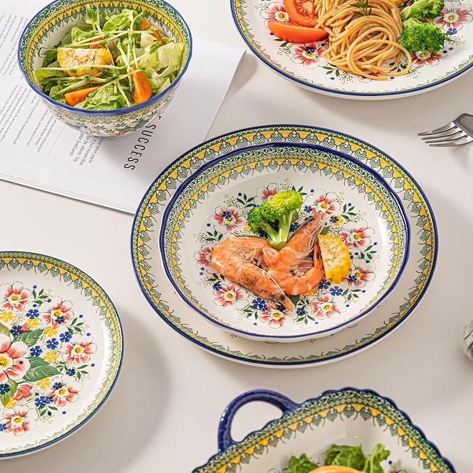 18-Piece Ceramic Dinnerware Set, Service for 6, Bohemian Floral Dish Set, Includes Plates and Bowls Sets, Microwave & Oven & Dishwasher Safe, Vintage Dish Set