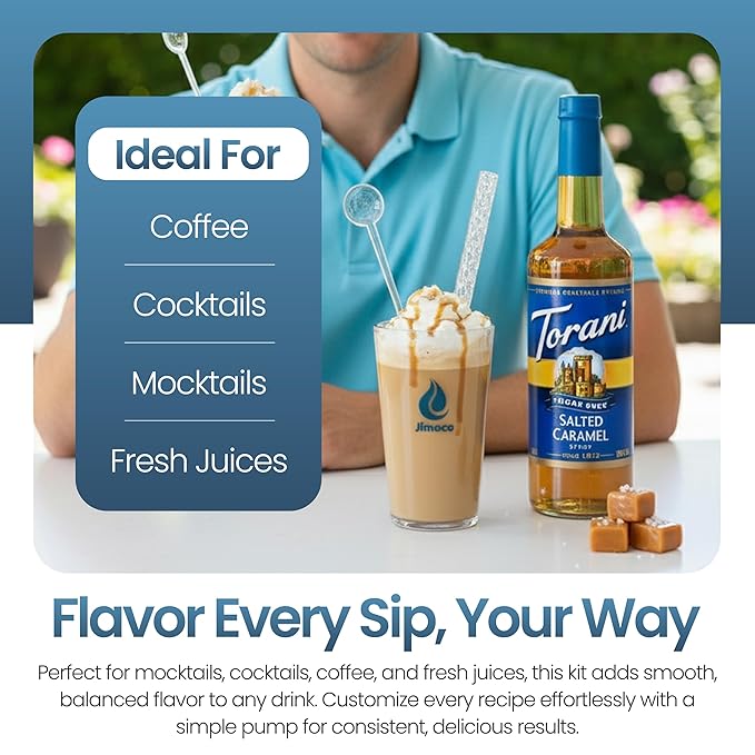 Jimoco Barista Set – Torani Sugar Free French Vanilla, Salted Caramel & Hazelnut Syrups (25.4 oz Each) with 3 Jimoco Syrup Pumps, Reusable Cups, Straws & Stirrers – Coffee, Italian Soda & Cocktail Flavoring Kit