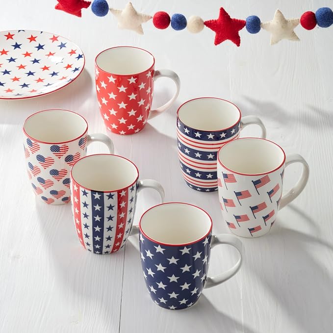 Patriotic Pad Print Porcelain MUGS SET of 6, 14 ounce red white and blue assorted star stripe and flag designs for coffee tea and festive everyday drinkware