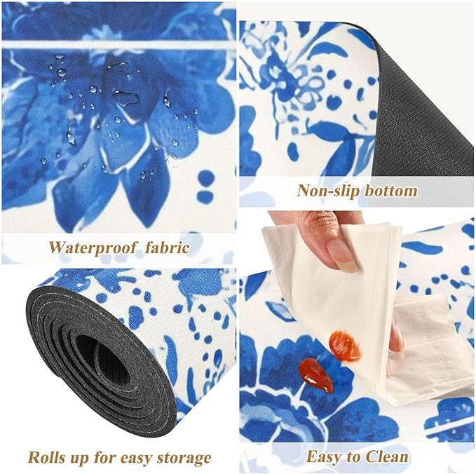 2-in-1 Table Runner Trivet for Hot Dishes Heat Resistant Hot Plate Mat Pad 39x12 Inch Waterproof Table Protector Trivets for Countertop Non Slip Decorative Floral Blue and White Tile