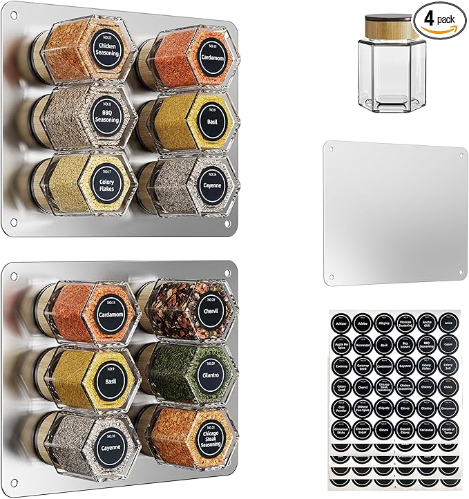 Vetacsion Set of 12 Magnetic Spice Tins with 2 Black Metal Wall-Plates,100 Preprinted Seasoning Label Stickers,2 Styles for 3 oz Herb Jars (12 PCS)