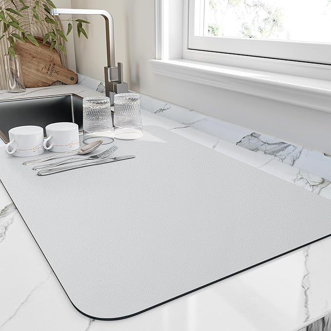 HotLive Dish Drying Mat for Kitchen Counter, Heat Resistant Drainer Mats with Non-slip Rubber Backed, Hide Stain Kitchen Super Absorbent Draining Mat, Easy to Clean Dish Rack Pad, Light Grey 16"x18"