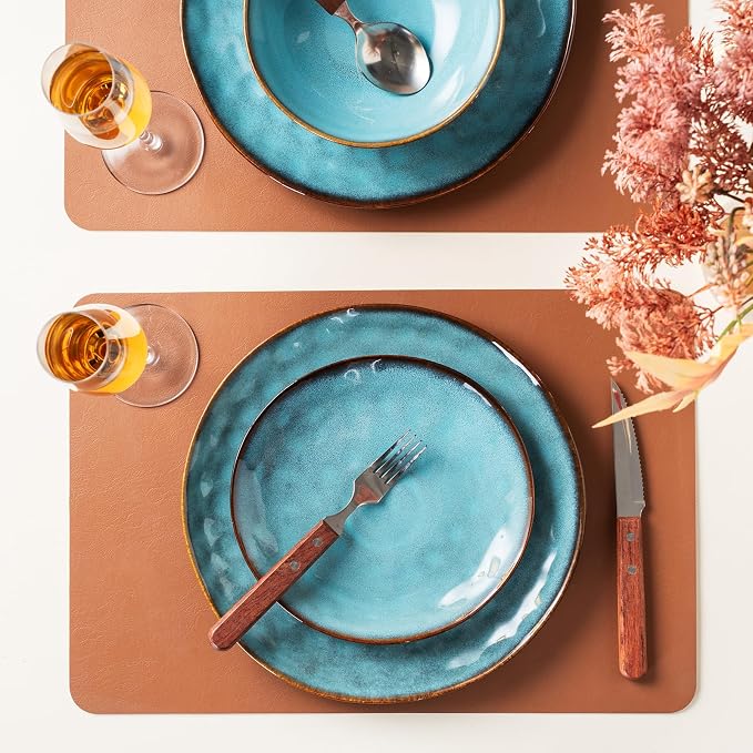 Porcelain Dinnerware Set for 4, 12-Piece Plates and Bowls Set for 4, Modern Stoneware Dinnerware Chip and Scratch Resistant, Microwave and Dishwasher Safe (Blue)
