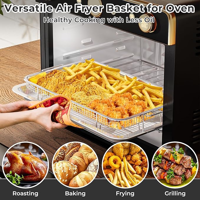 Air Fryer Basket for Oven,Extra Large 18.8" x 12.8" Oven Air Fryer Basket and Tray Set with 30 PCS Parchment Papers, THORSES Thickened Stainless Steel Air Fryer Pan and Crisper Tray for Frying Baking