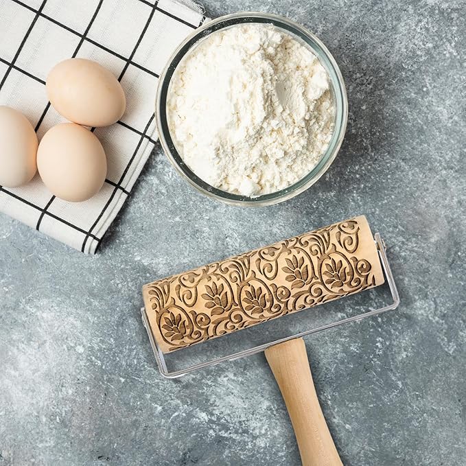 Mrs. Anderson’s Baking Mini Embossing Rolling Pin, Floral Scroll Design, Poplar Wood and Chrome-Plated Iron