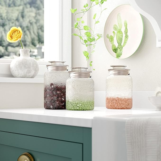 Le'raze Food Storage Containers with Airtight Lids - Retro Design - Pantry Organization, Glass Canisters Storage for Cookies, Tea, Sugar, Candy Jars, Sugar Packet, Set of 3