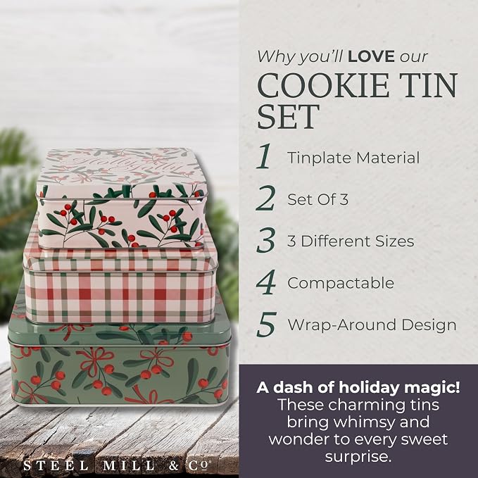 Steel Mill & Co Tin Containers with Lids, 3 Pack Christmas Cookie Tins, Festive Cookie Tins for Gift Giving & Holiday Treats, Square Metal Nesting Containers (Holly Jolly)
