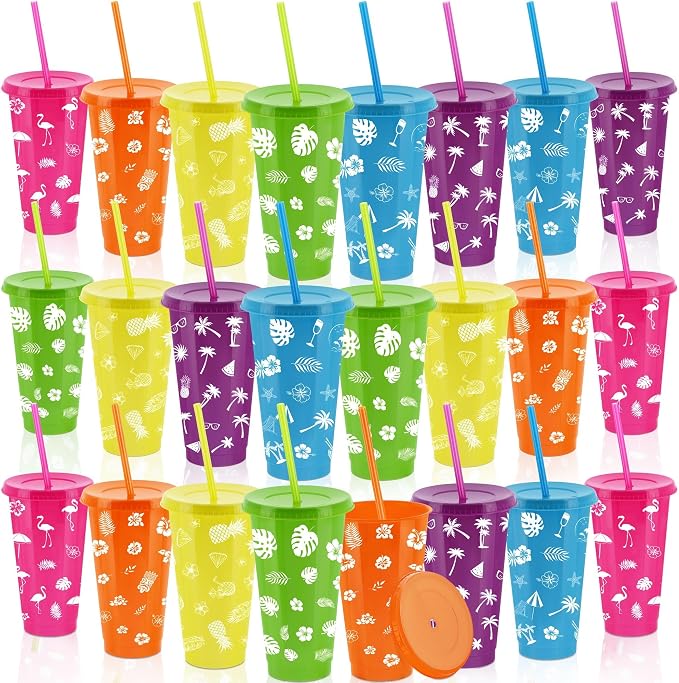 Kochorie 24 oz Hawaiian Luau Tumbler Cups with Straw and Lid - 6 Design Reusable Plastic Travel Mug Cup for Luau, Tiki Party Favors