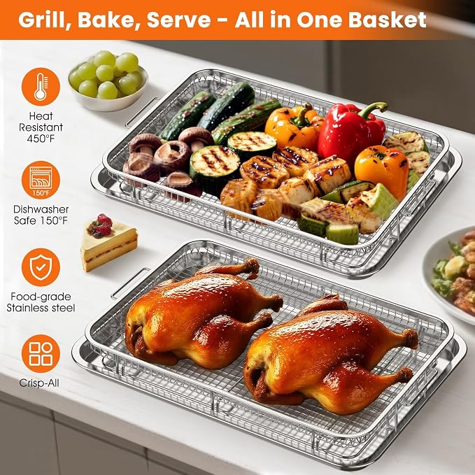 XL Air Fryer Basket & Pans for Oven | Fits 6 lb whole chicken, 18.7"x12.8" 6mm thick steel rack & tray, 30 papers, dishwasher safe ≤150°F, heavy-duty air fry