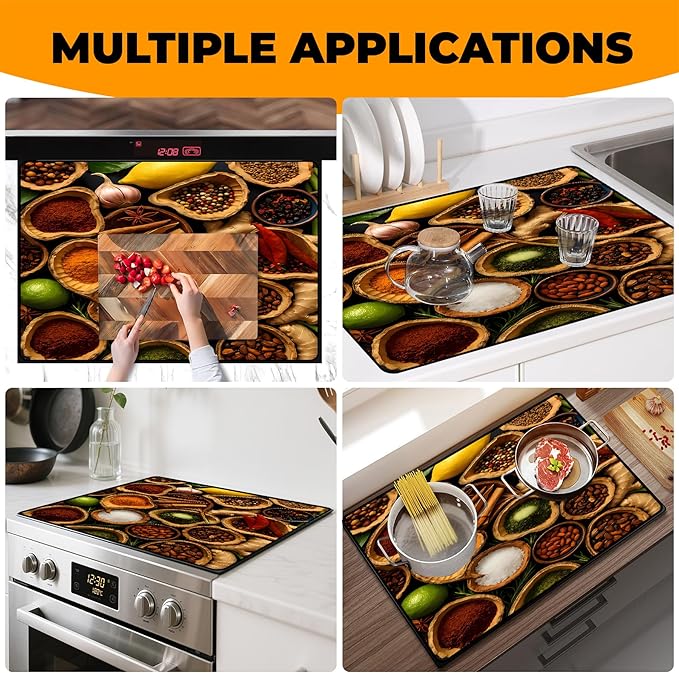 Heat-Resistant Glass Stove Top Cover with Anti-Slip Rubber Coating – Electric Stove Protector, Scratch-Resistant, Expands Counter Space, Stylish Kitchen Decor (Spices)
