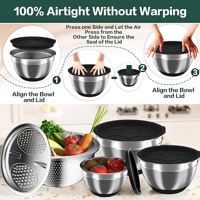 Mixing Bowls with Airtight Lids, Stainless Steel Mixing Bowl Set with 3 Nesting Kitchen Metal Bowls, Colander & Grater, Non-Slip Bottoms, Size 1.5, 2.5, 5 QT, Great for Mixing & Serving, Black