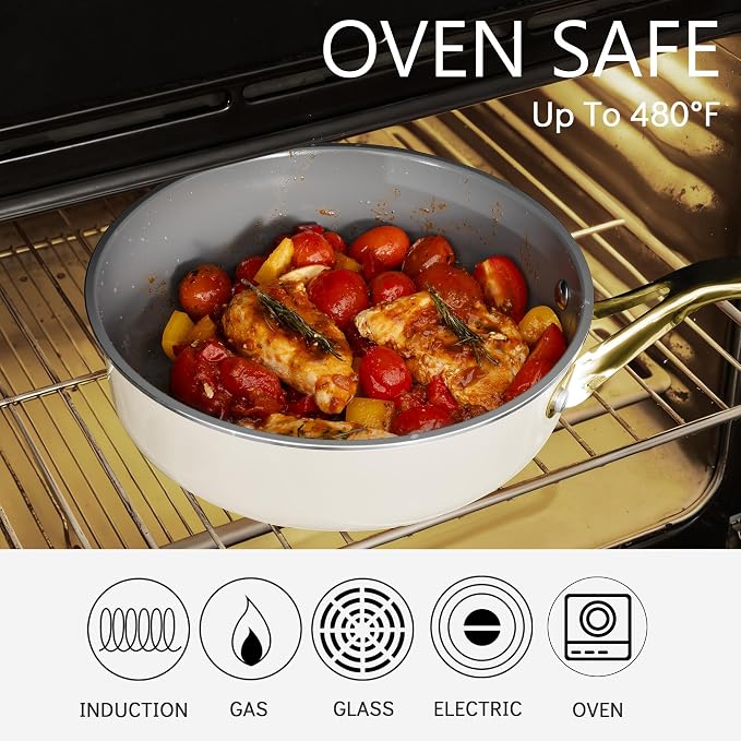 7-Piece White Ceramic Nonstick Cookware Set, Pots and Pans | 4 pots, 3 clear lids; stay-cool grips; 100% PFAS-free; 480°F oven & dishwasher safe; heavy daily family cooking routines