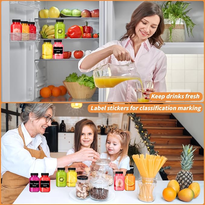 35 Pack 4 oz Glass Shot Bottles with Lids Small Clear Glass Jar for Ginger Wellness Shot Mini Juice Bottle Reusable Wide Mouth Travel Cup & 36 Labels,2 funnels,1 brush for Juice Milk Potion Liquids