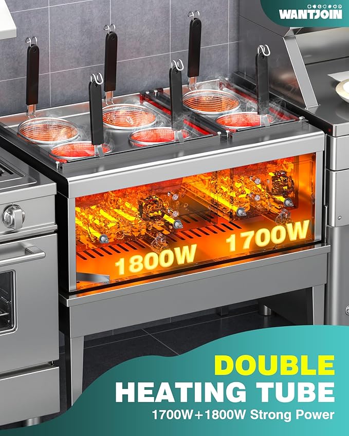 WantJoin Commercial Pasta Cooker - Electric Pasta Cooker with 6 Noodle Strainers, Precision Temp Control 86°F to 230°F, Cooking Machine w/Drain Valve for Spaghetti Ramen, Noodles and Vegetables