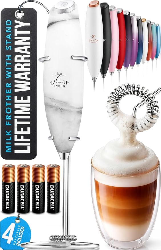 Zulay Kitchen Powerful Milk Frother Wand With 4 AA Duracell Batteries - Ultra Fast Handheld Drink Mixer - Electric Whisk Foam Maker for Coffee, Lattes, Cappuccino, Matcha & Creamer - Quartz