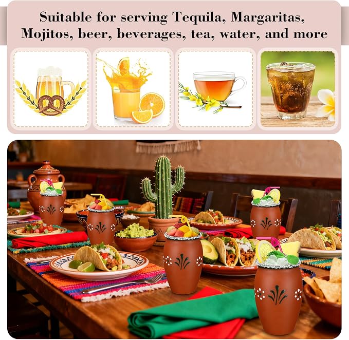 Gejoy 6 Pack 12oz Cantaritos de Barro Mexicanos Mexican Clay Cup Pottery Fiesta De Barro Mexicanos Cocktail Coffee Mugs Cocktail Tea Glasses for Margaritas Mojitos (Cute,Red)