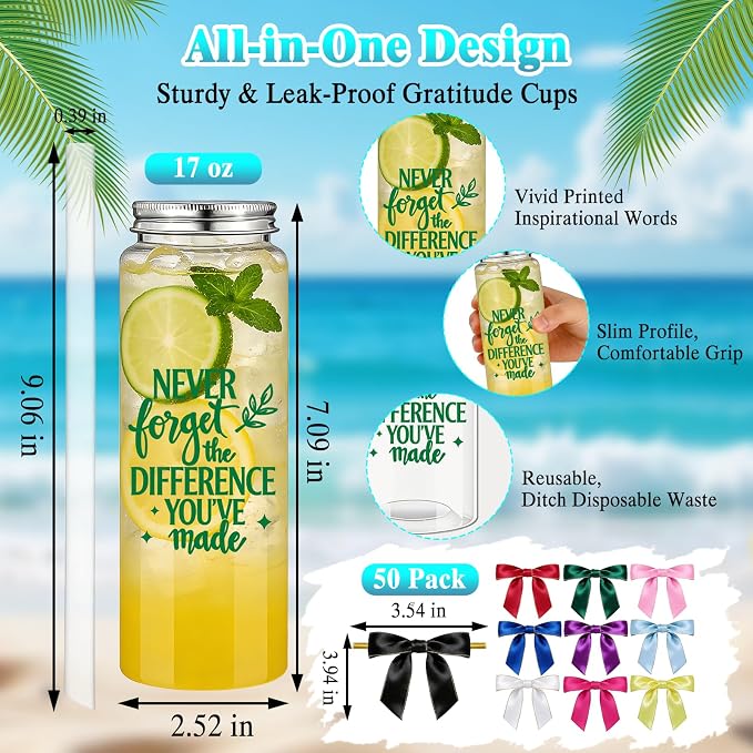 50 Pack 17oz Employee Appreciation Acrylic Tumblers with Lids, Straws & Satin Bows, Colorful Fun Motivational Designs, Thank You Gifts for Staff, Coworkers, Office Events & Team Building (Team)