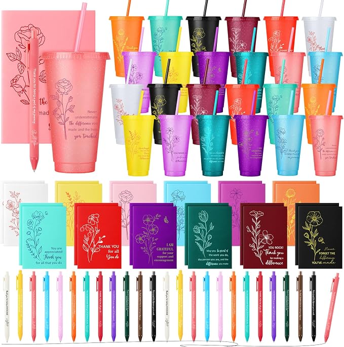 Feifeiya 72 Pcs/ 24 Set Team Appreciation Gifts for Cna Week 24 oz Appreciation Tumbler with Lids and Straws Motivational Pens Inspirational Notepads Set Plastic Cups Gift for Staff Employees