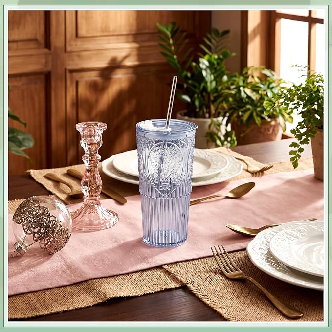 2 Set 20oz Vintage Plastic Tumbler with Lids and Straws Ribbed Floral Drinking Glasses Reusable Iced Coffee Cups for Water Juice Smoothie Cocktail Travel Party Events Gift (Blue)