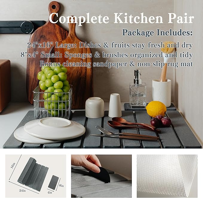 2pcs Stone Dish Drying Mat for Kitchen Counter, Quick-Dry Diatomaceous Earth Water Absorbent Pad & Countertop Drainer, Home Essentials for Bath and Pets - Dark Grey, 24x16’’ & 8x4’’