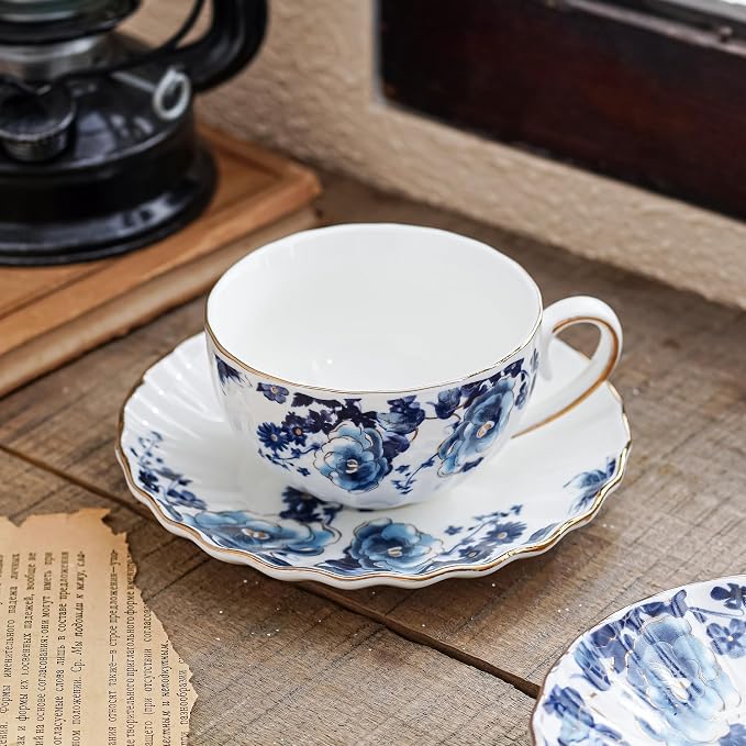 Agyiuns ceramic tea cup and saucer set of 4,floral teacup sets for Coffee, Latte, Cafe Mocha and Tea (Dark blue flowers)