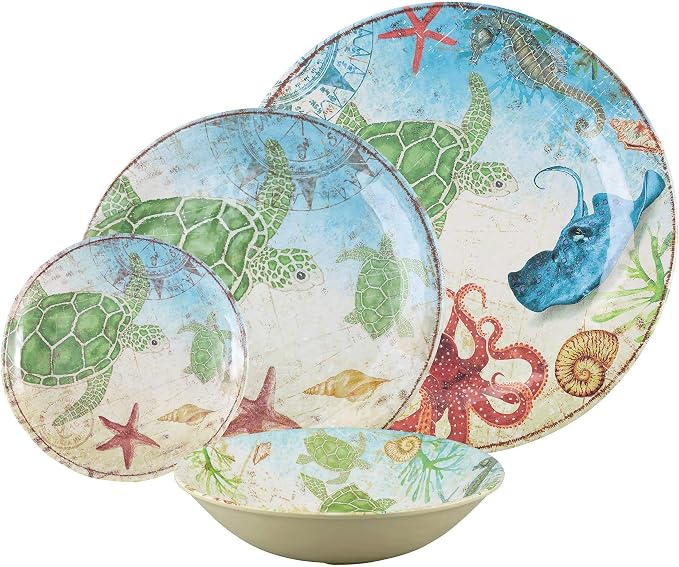 UPware 16 Piece Sea Turtle Melamine Dinnerware Sets, Outdoor Dishes Set, Plates and Bowls Sets, Service for 4, Multicolor