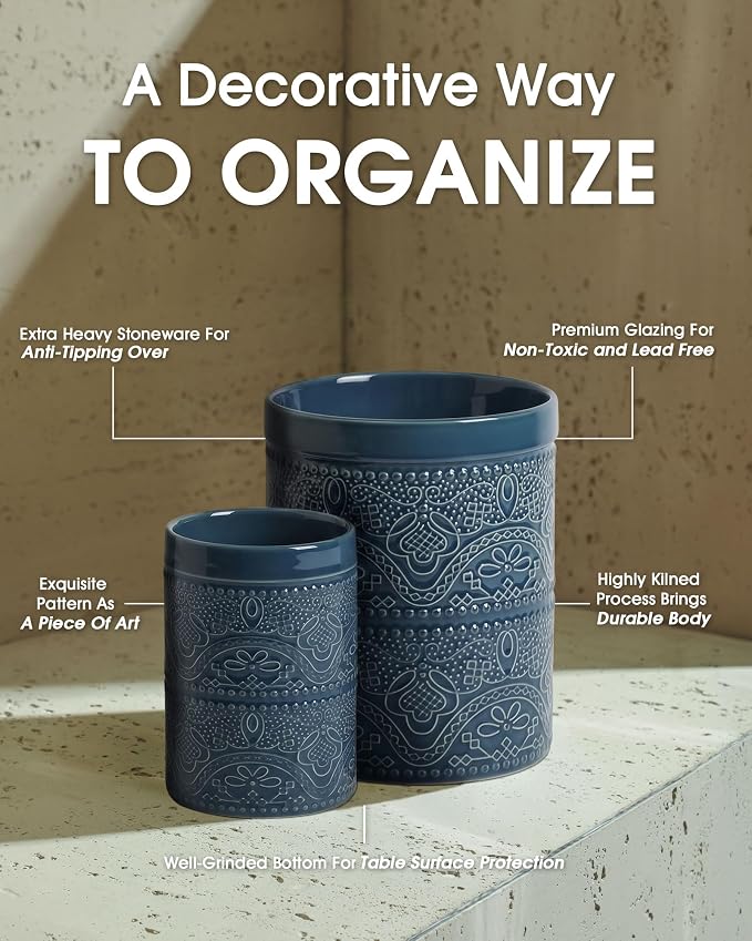 FUN ELEMENTS Kitchen Utensil Holder, 7.2+5.5" Super Large Utensil Crock Heavy and Stable Lace Emboss Ceramic Utensil Holder for Kitchen Counter(2Pcs Grayish Blue)