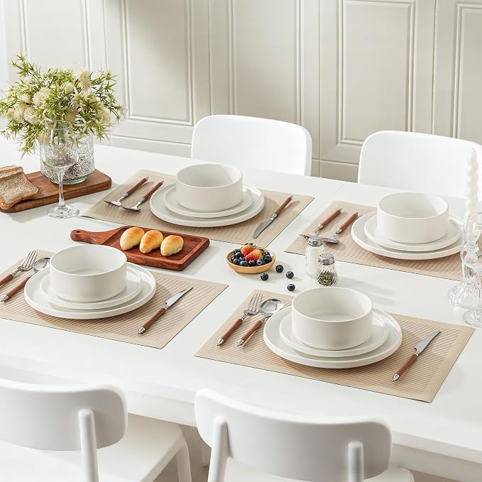 24 Piece Dinnerware Set, Modern Minimalist Stoneware Plates and Bowls Sets, Modern Dinner Plate, Salad Plate, Cereal Bowl, Dish Set for 8, Microwave and Dishwasher Safe, Matte White