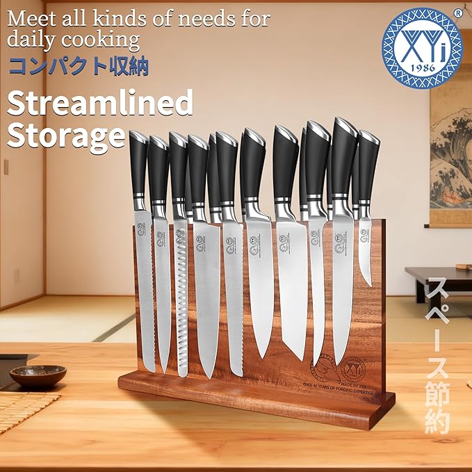 XYJ Knife Block Set, Stainless Steel Kitchen Knives Set with Magnetic Knife Holder, Fork, Cutting Board, Honing Steel, Scissors, Peeler, Cut Resistant Gloves, Japanese Style Slicing Chef Knives
