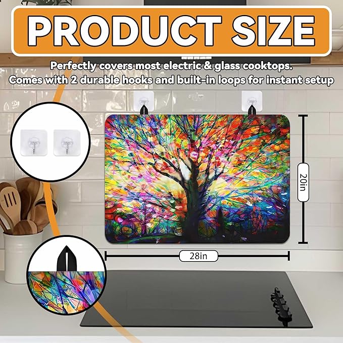 Decorative Stove Top Covers for Electric Stove 28"x20" – Heat Resistant Glass Cooktop Protector Dish Drying Mat – Non-Slip Rubber Backing Washer Top Cover Waterproof Extra Counter Space (Tree 2)