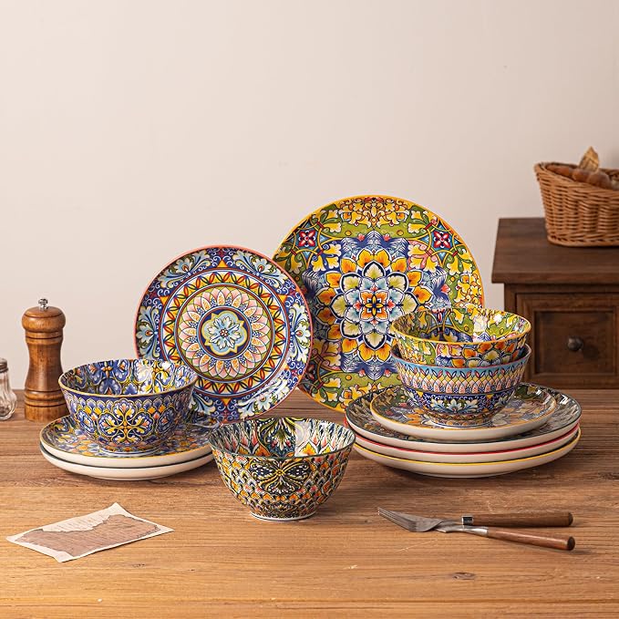 12-Piece Bohemian Floral Ceramic Dinnerware Set, Vibrant Mandala Floral Plates Bowls, Decorative Plates & Bowls, Microwave & Dishwasher Safe for Kitchen