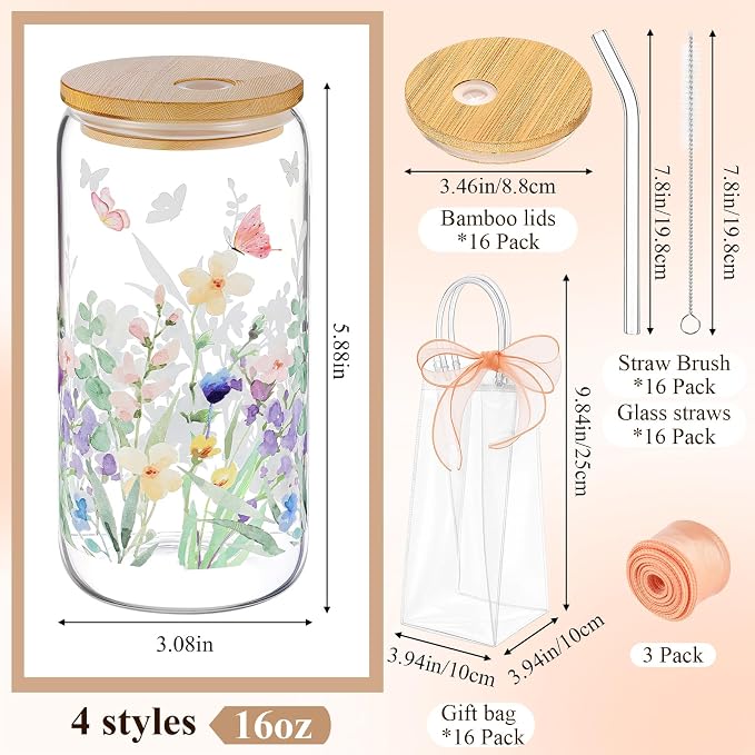 Mumufy 16 Sets Wildflower Glass Cups with Clear Gift Bag 16 oz Reusable Pink Iced Coffee Mugs Aesthetic Cute Tumbler with Lids and Straws, Gifts for Girls Women Bridesmaid
