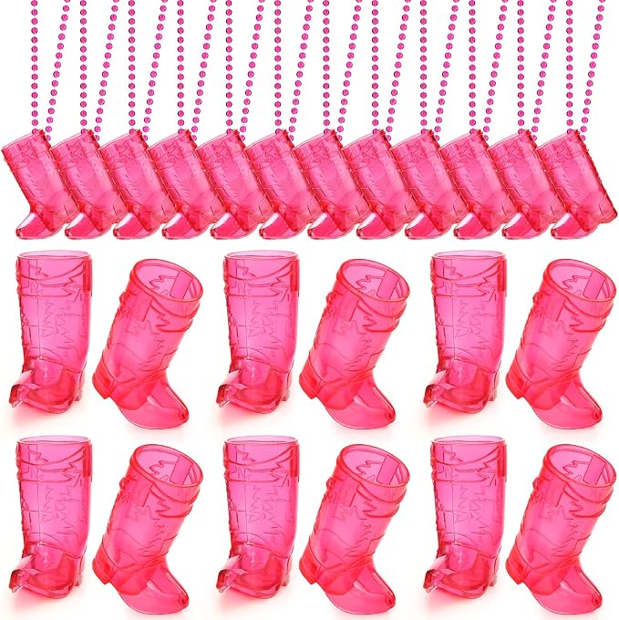Sieral 12 Pcs Cowboy Boot Shot Glasses on Beaded Necklace Plastic Reusable Cowgirl Shot Boot Glasses Necklace Party Cups for Cowboy Cowgirl Bachelorette Carnival Western Birthday (Transparent Rose)