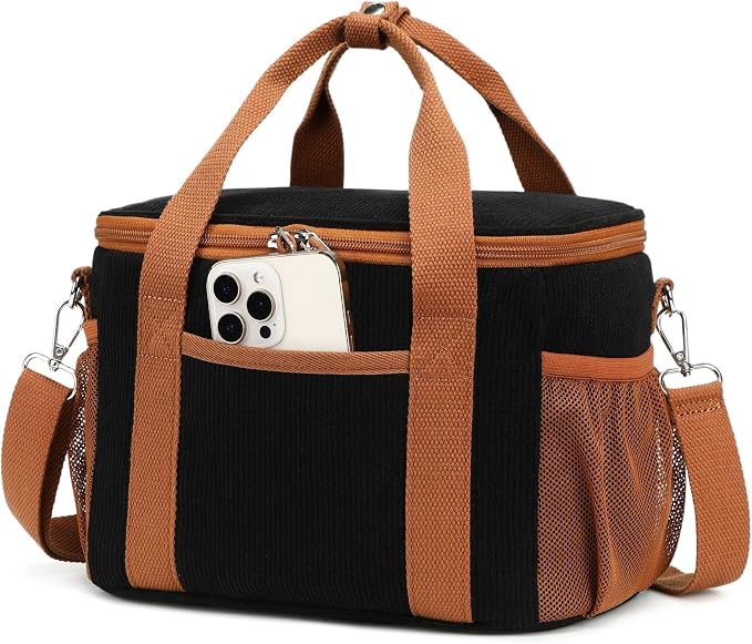 BTOOP Insulated Lunch Box for Women, Cute Corduroy Lunch Bag with Shoulder Strap, Leakproof Wide-Open Lunch Tote for Work, Office, School, Picnic Brown Black