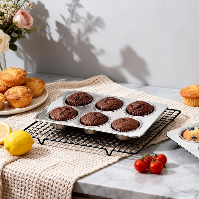 LIANYU 2 Pack Muffin Pan 6 Cups, Premium Stainless Steel Cupcake Tin Mold for Baking Small Muffin Cake, Everyday Muffin Baking Tray for Oven, Regular Size & Rust Resistant