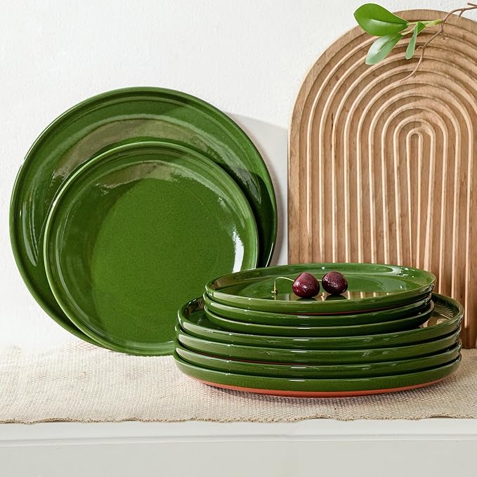 Ceramic Salad Plates Set, 8 Inch, Set of 4, Elegant Green | Stoneware, Dishwasher & Microwave Safe, Small Dinner Plates, For Cake, Fruits, Waffle, Pasta, Salad