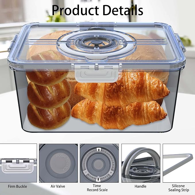 Bread Box with Lid and Handle,2026 New Upgrade Time Recording Bread Storage Container for Kitchen Counter Airtight,Portable Large Bread Boxes for Homemade Breads, Toast, Bagel, Donut and Cookies