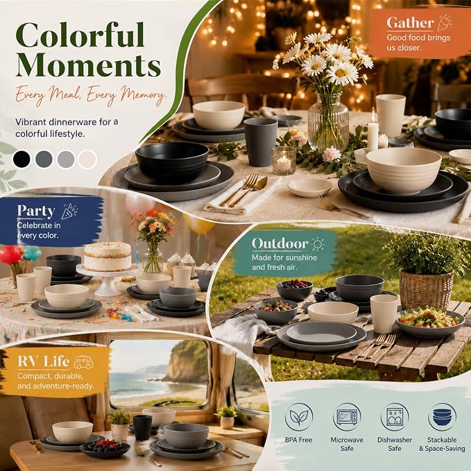 Wrova 40-Piece Kitchen Plates and Bowls Sets- Wheat Straw Dinnerware Sets for 8- Unbreakable Plates Bowls and Cups Set, Side Dishes- Microwave & Dishwasher Safe Dishware Sets - Black & Gray