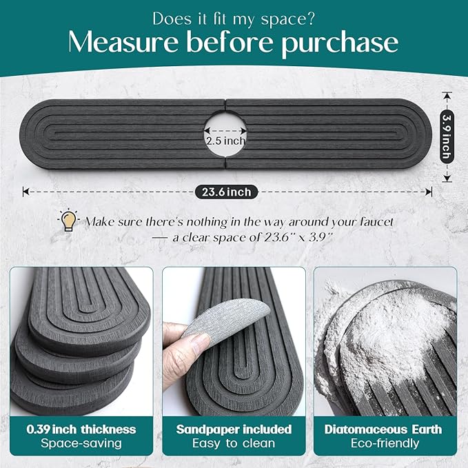 Diatomite Sink Splash Guard - DryingNeat Kitchen Faucet Mat, Instant Dry Water Absorbing Stone Tray for Sink, Durable Black Protector for Kitchen Bathroom Counter [Dark Grey, 23.6"x 3.9"]