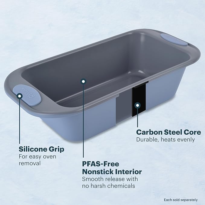 Pyrex 3-Piece Metal Cookie & Muffin Sheet Bakeware Set, Lightweight Stainless Steel Baking Trays with Heatsafe Silicone Handles, Cookie Muffin Sheet Baking Pan, Cerulean