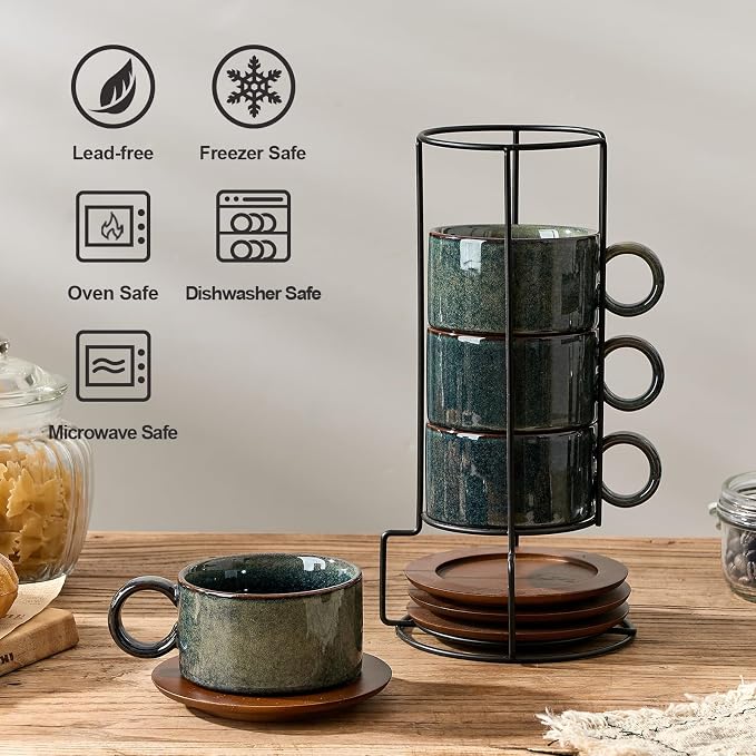 LUKA 6 Ounce Porcelain Stackable Espresso Cups with Saucers and Metal Stand Set of 4, Ceramic Cappuccino Cups Set for Specialty Coffee Drinks, Latte, Cafe Mocha and Tea, Kiln Tide Glaze
