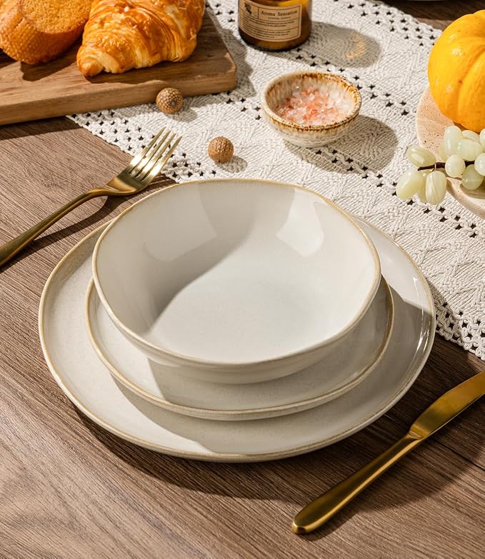 GBHOME Stoneware Dinnerware Sets for 6, 18 Pieces Rustic Earthenware Plates and Bowls Set, Handmade Reactive Glaze Ceramic Plate Sets, Chip Resistant Dishes, Microwave & Dishwasher Safe, Vanilla Cream