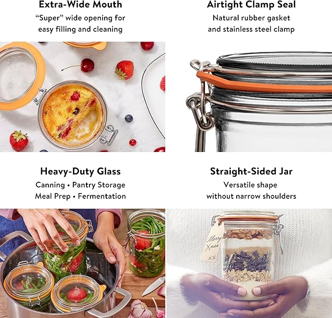 Le Parfait Super Terrine 350mL (12oz) Zero Waste Eco-Friendly Glass Canning Jars, Airtight Rubber Seal & Wire Bail Lid, BPA-Free, Water Bath Safe for Food Storage & Preserving, Made in France, 4PK