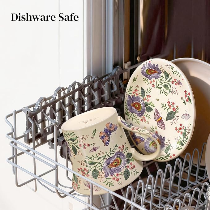 DOWAN 14 OZ Tea Cup & Saucer Set, Ceramic Coffee Mug with Lid, Cappuccino/Latte Cup, Floral, Perfect Self‑Care or Gift for Friends, One Set